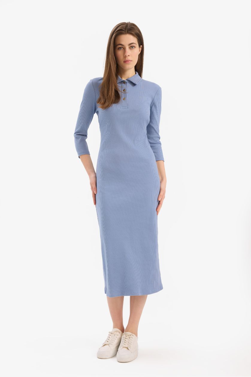 Woman Light Blue Bodycon Polo Collar Camisole Midi Dress