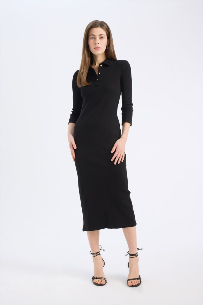 Kadın Siyah Bodycon Vücudu Saran Polo Yaka Basic Düz Fitilli Kaşkorse Yarım Kollu Midi Elbise