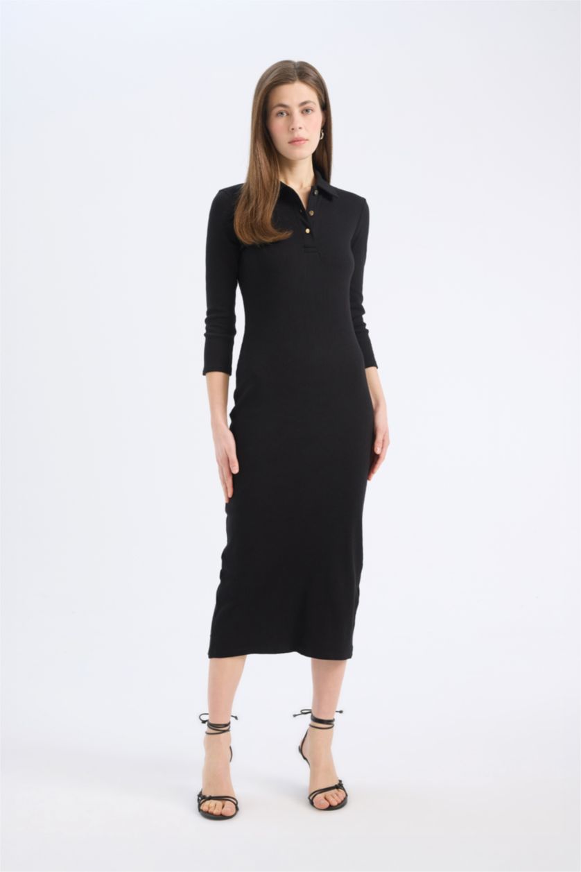 Kadın Siyah Bodycon Vücudu Saran Polo Yaka Basic Düz Fitilli Kaşkorse Yarım Kollu Midi Elbise