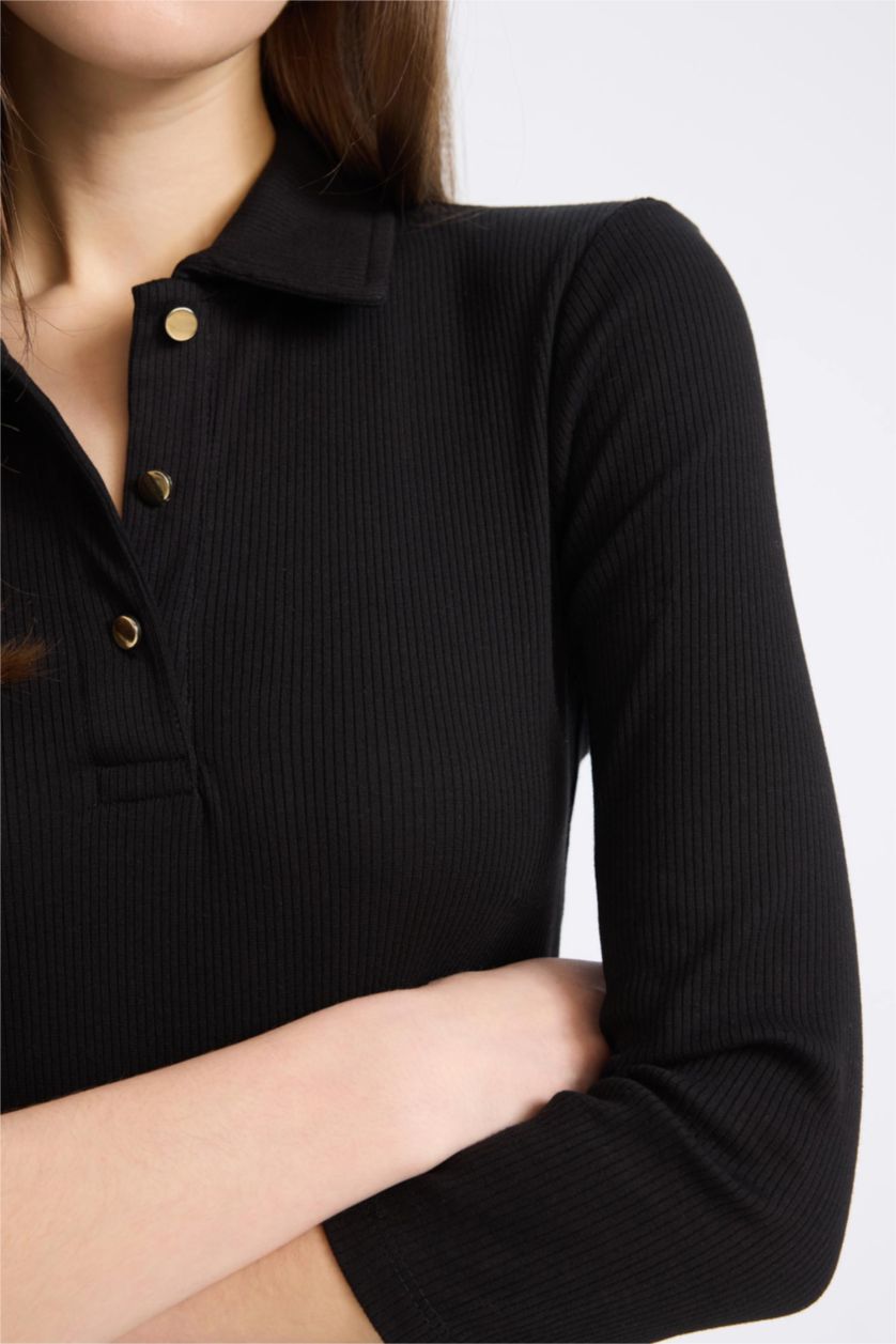 Kadın Siyah Bodycon Vücudu Saran Polo Yaka Basic Düz Fitilli Kaşkorse Yarım Kollu Midi Elbise