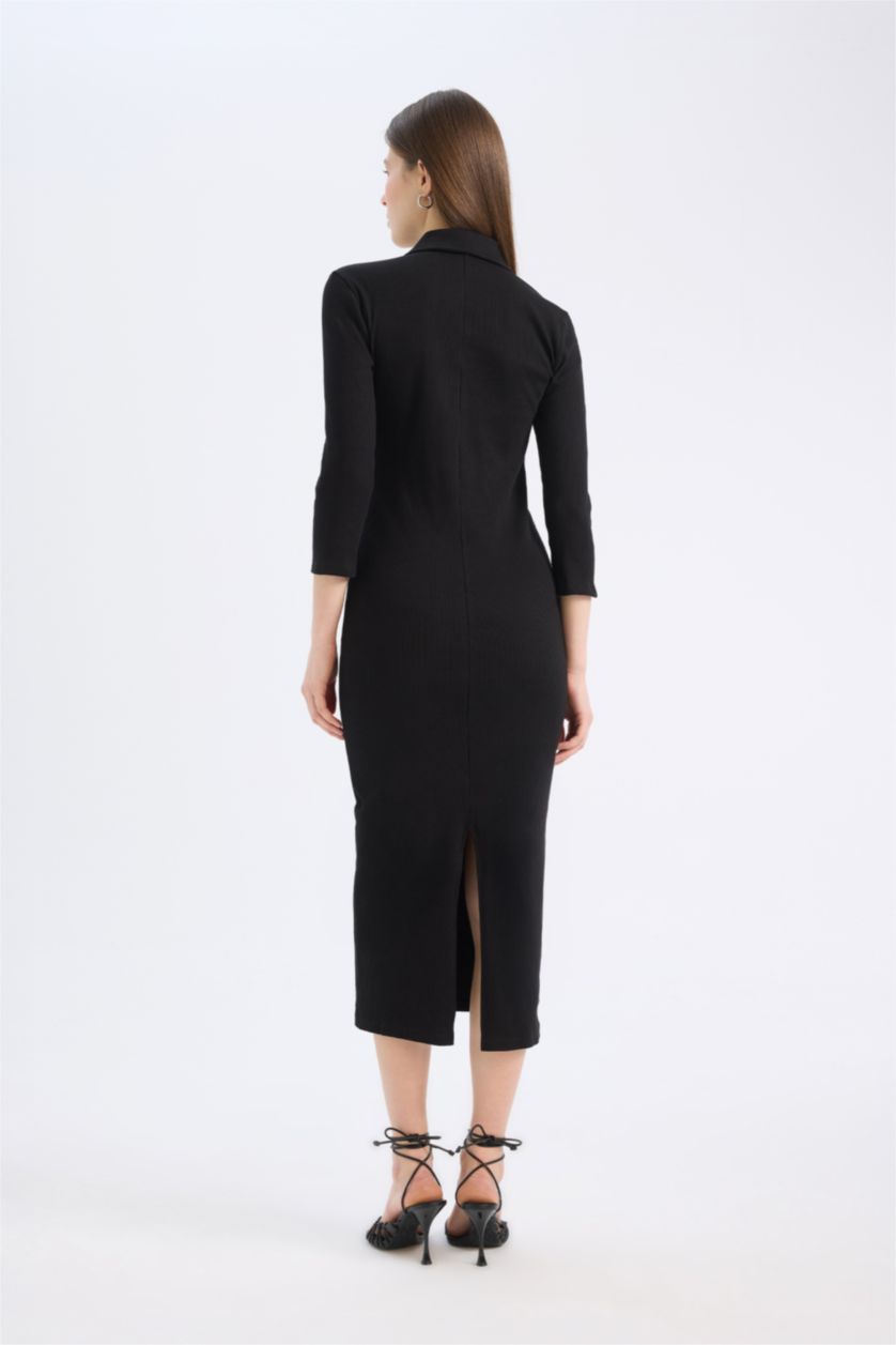 Kadın Siyah Bodycon Vücudu Saran Polo Yaka Basic Düz Fitilli Kaşkorse Yarım Kollu Midi Elbise