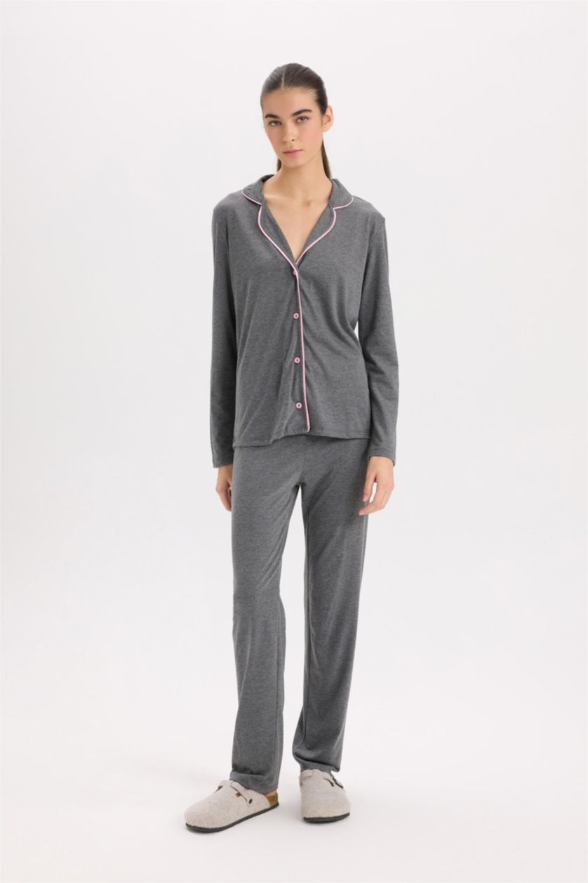 Kadın Antasit Melanj Pijama Takımı Regular Fit Uzun Kollu Üst Uzun Alt