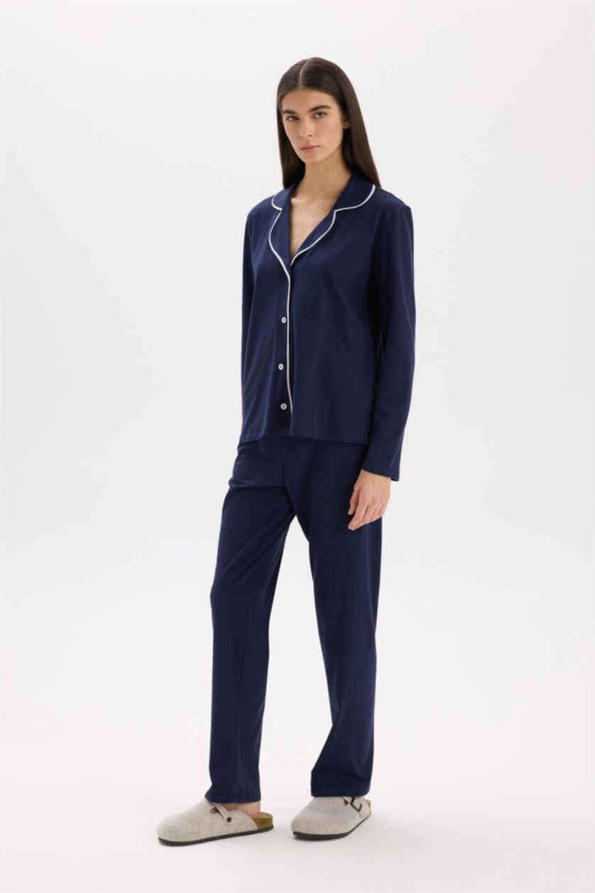 Kadın Lacivert Pijama Takımı Regular Fit Uzun Kollu Üst Uzun Altı-Fall in Love