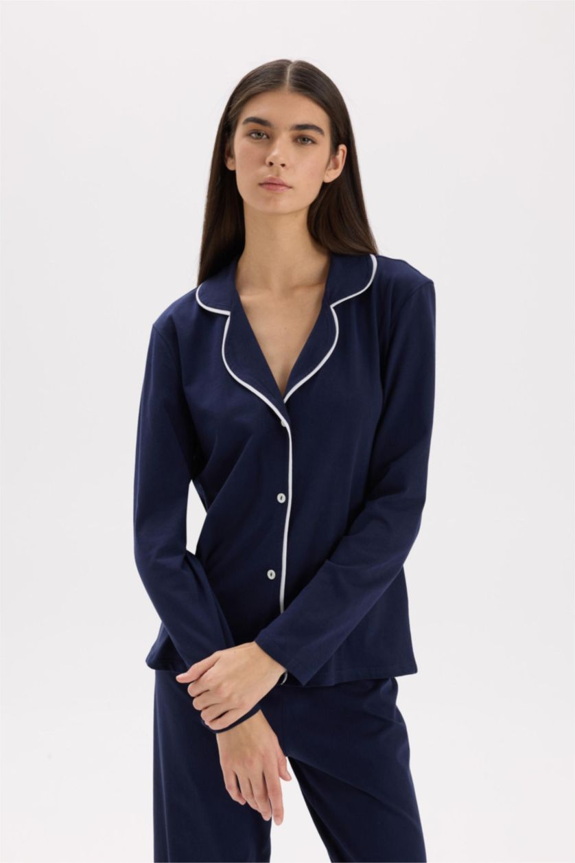 Kadın Lacivert Pijama Takımı Regular Fit Uzun Kollu Üst Uzun Altı-Fall in Love