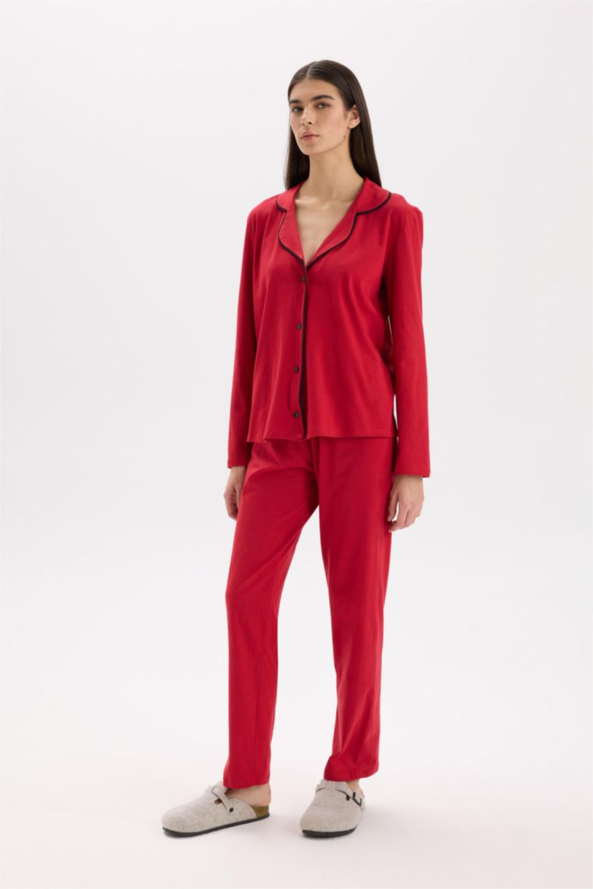 Kadın Kırmızı Pijama Takımı Regular Fit Uzun Kollu Üst Uzun Alt