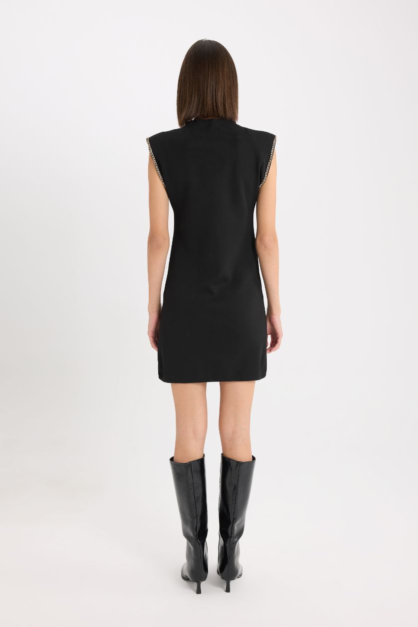 حريمي أسود فستان قصير سادة بيزك سليم فيت بياقة عالية