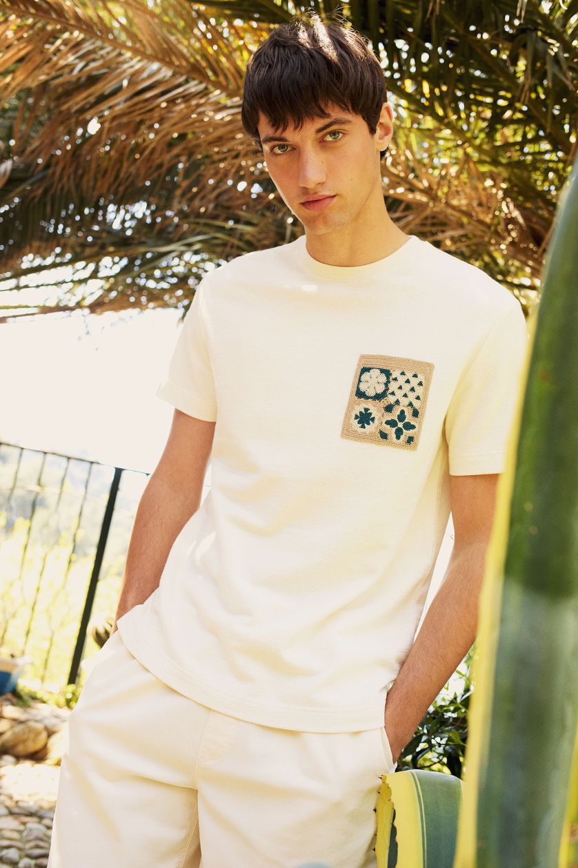 Erkek Ekru %100 Pamuk Regular Fit Bisiklet Yaka Kısa Kollu Tişört