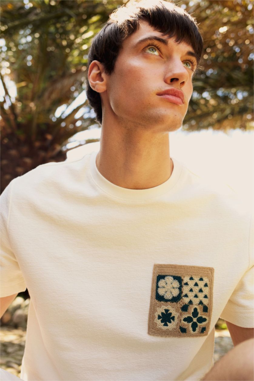 Erkek Ekru %100 Pamuk Regular Fit Bisiklet Yaka Kısa Kollu Tişört