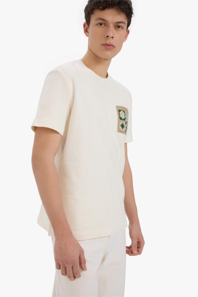 Erkek Ekru %100 Pamuk Regular Fit Bisiklet Yaka Kısa Kollu Tişört