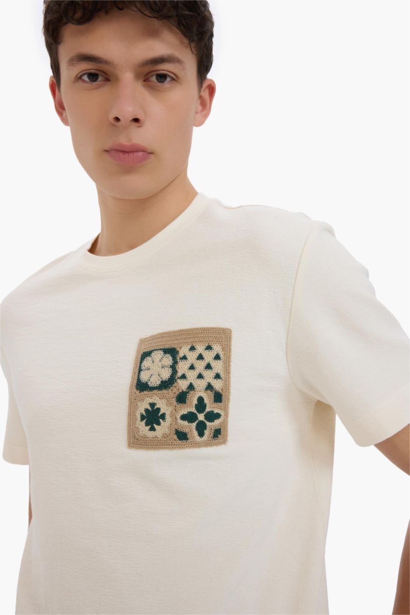 Erkek Ekru %100 Pamuk Regular Fit Bisiklet Yaka Kısa Kollu Tişört