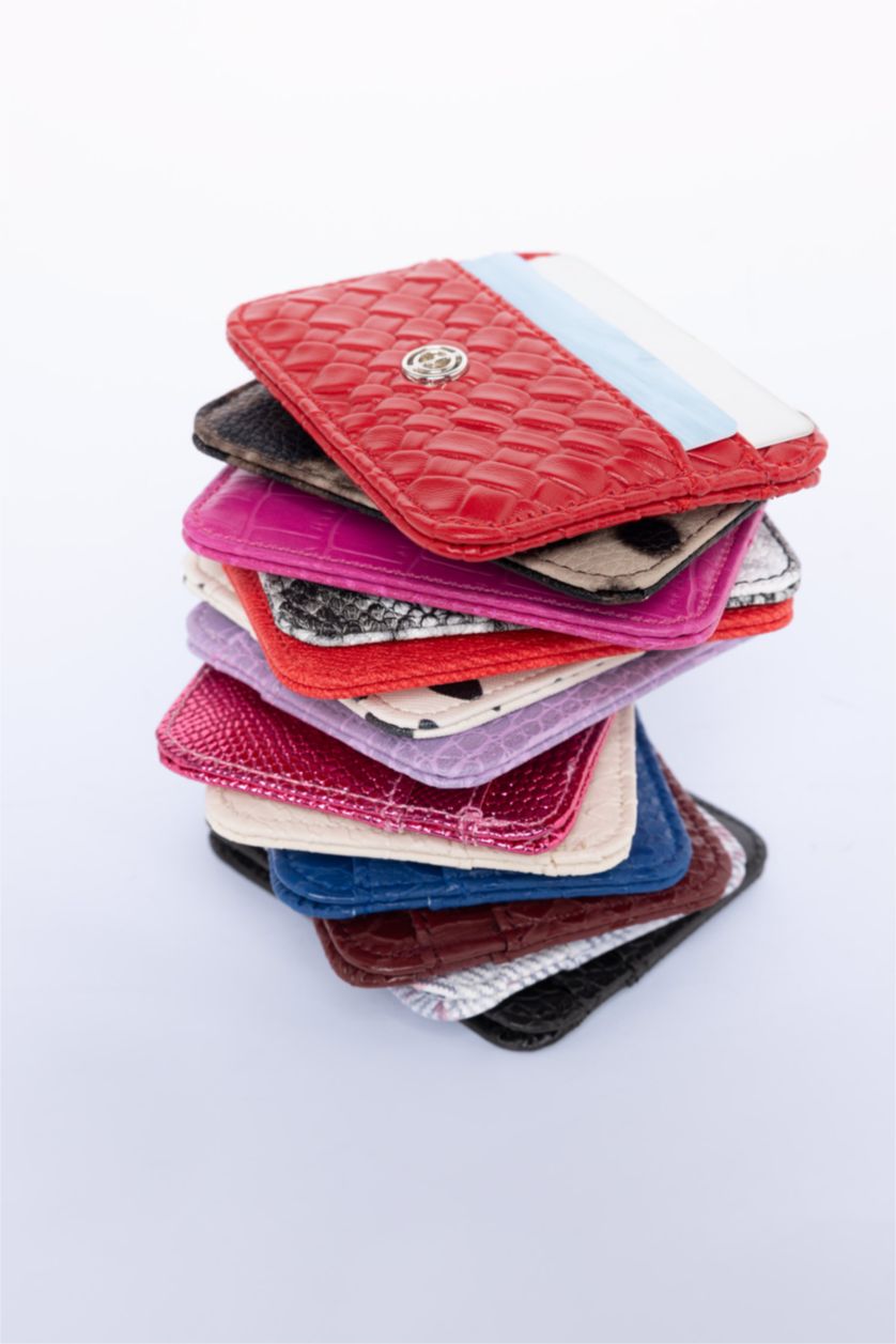 Woman Red Woman Faux Leather Business Card Wallet