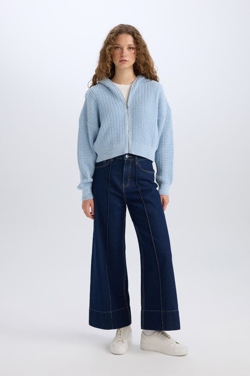 Kadın Açık Mavi Regular Fit Kapüşonlu Fermuarlı Triko Hırka