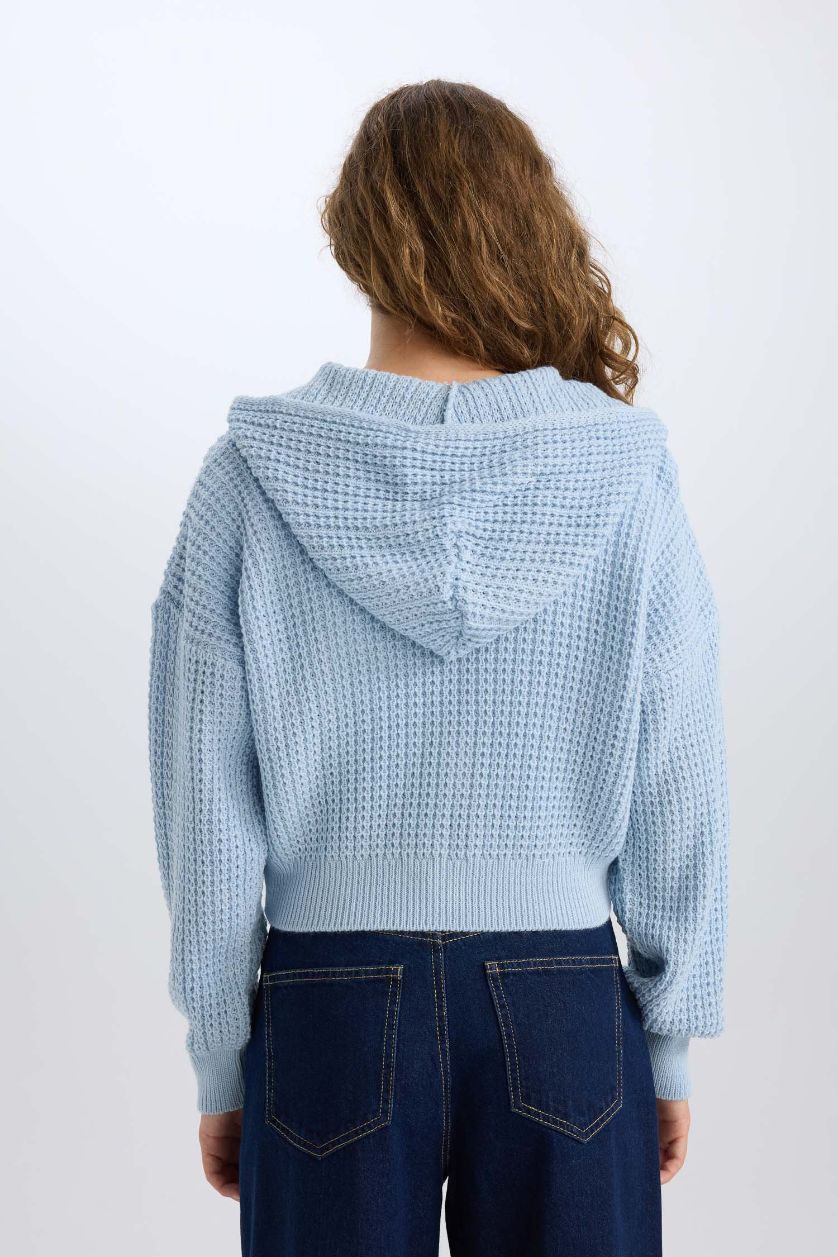 Kadın Açık Mavi Regular Fit Kapüşonlu Fermuarlı Triko Hırka