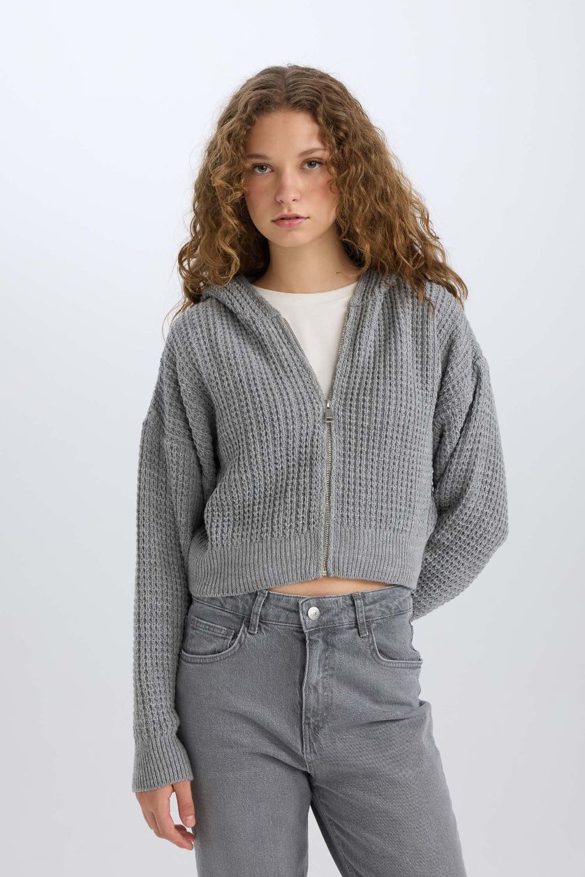 Kadın Gri Regular Fıt Triko Hırka