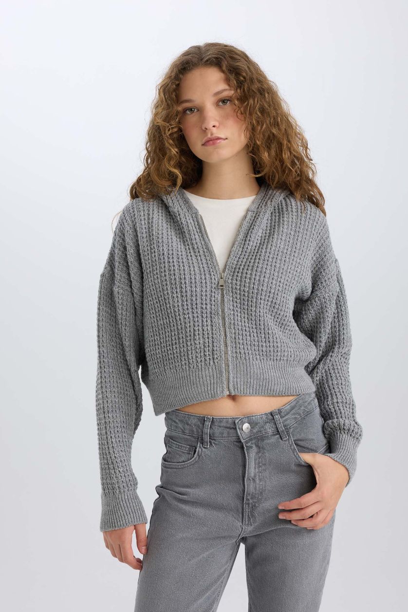 Kadın Gri Regular Fıt Triko Hırka