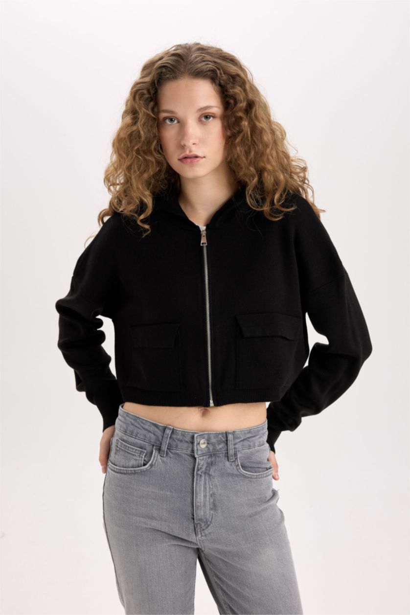 Kadın Siyah Kapüşonlu Basıc Fermuarlı Triko Hırka