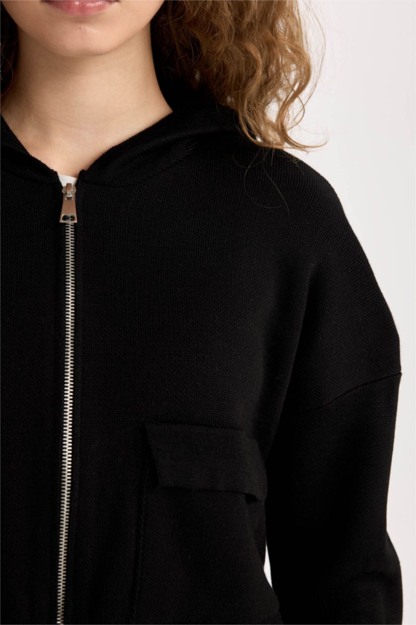 Kadın Siyah Kapüşonlu Basıc Fermuarlı Triko Hırka