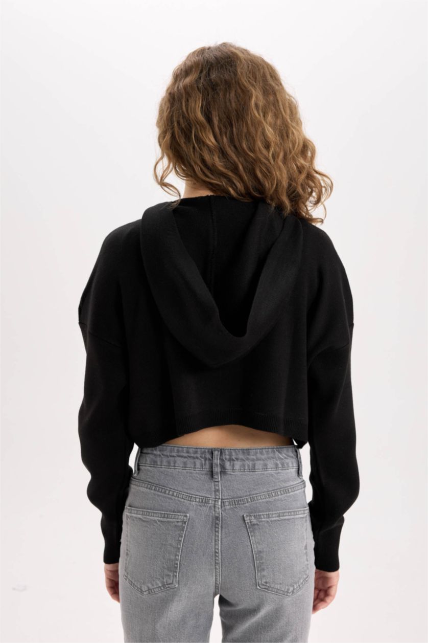 Kadın Siyah Kapüşonlu Basıc Fermuarlı Triko Hırka