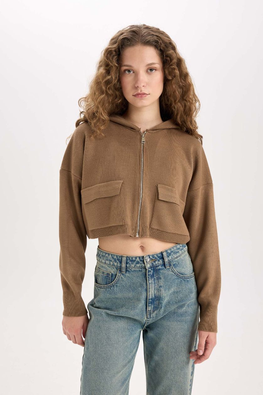 Kadın Vizon Regular Fit Kapüşonlu Basic Düz Fermuarlı Triko Hırka