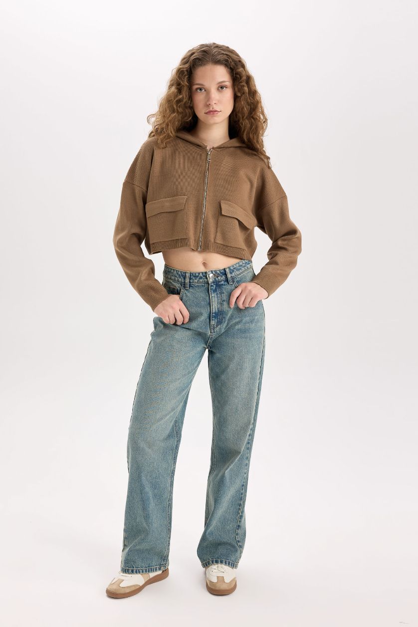 Kadın Vizon Regular Fit Kapüşonlu Basic Düz Fermuarlı Triko Hırka