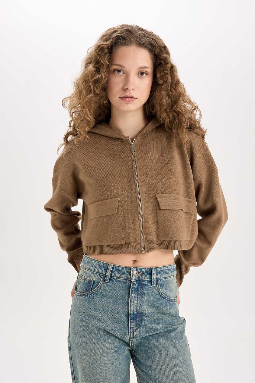 Kadın Vizon Regular Fit Kapüşonlu Basic Düz Fermuarlı Triko Hırka