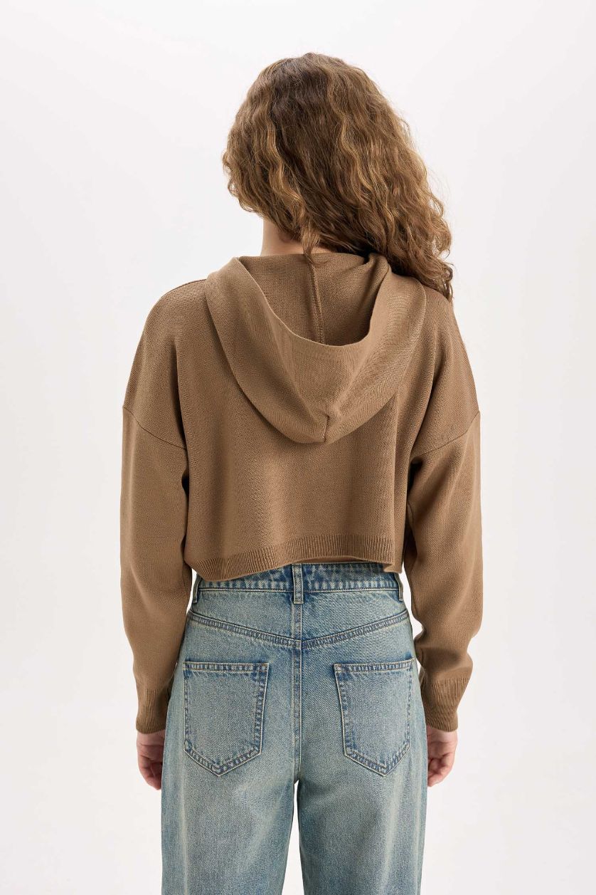 Kadın Vizon Regular Fit Kapüşonlu Basic Düz Fermuarlı Triko Hırka