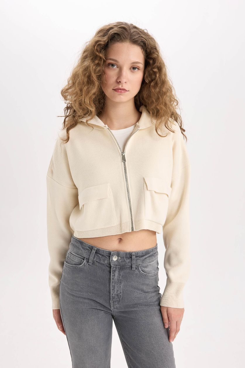 Kadın Ekru Regular Fit Kapüşonlu Basic Düz Fermuarlı Triko Hırka