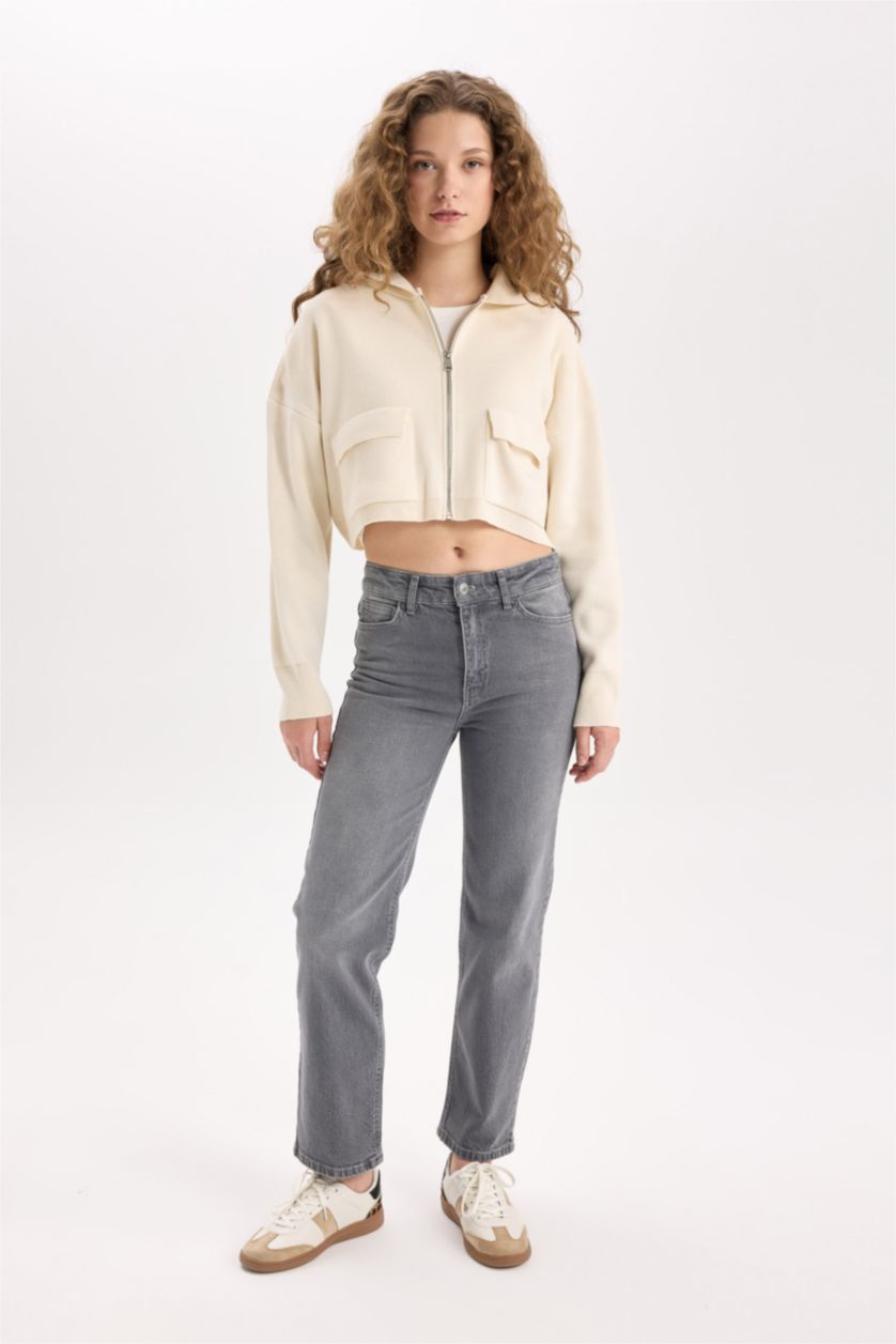 Kadın Ekru Regular Fit Kapüşonlu Basic Düz Fermuarlı Triko Hırka