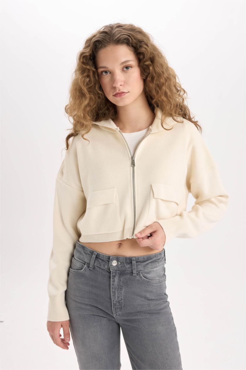 Kadın Ekru Regular Fit Kapüşonlu Basic Düz Fermuarlı Triko Hırka