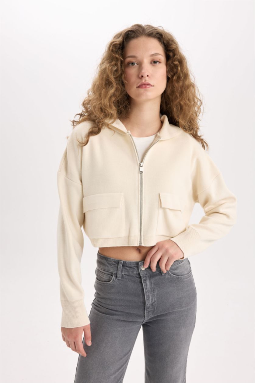 Kadın Ekru Regular Fit Kapüşonlu Basic Düz Fermuarlı Triko Hırka