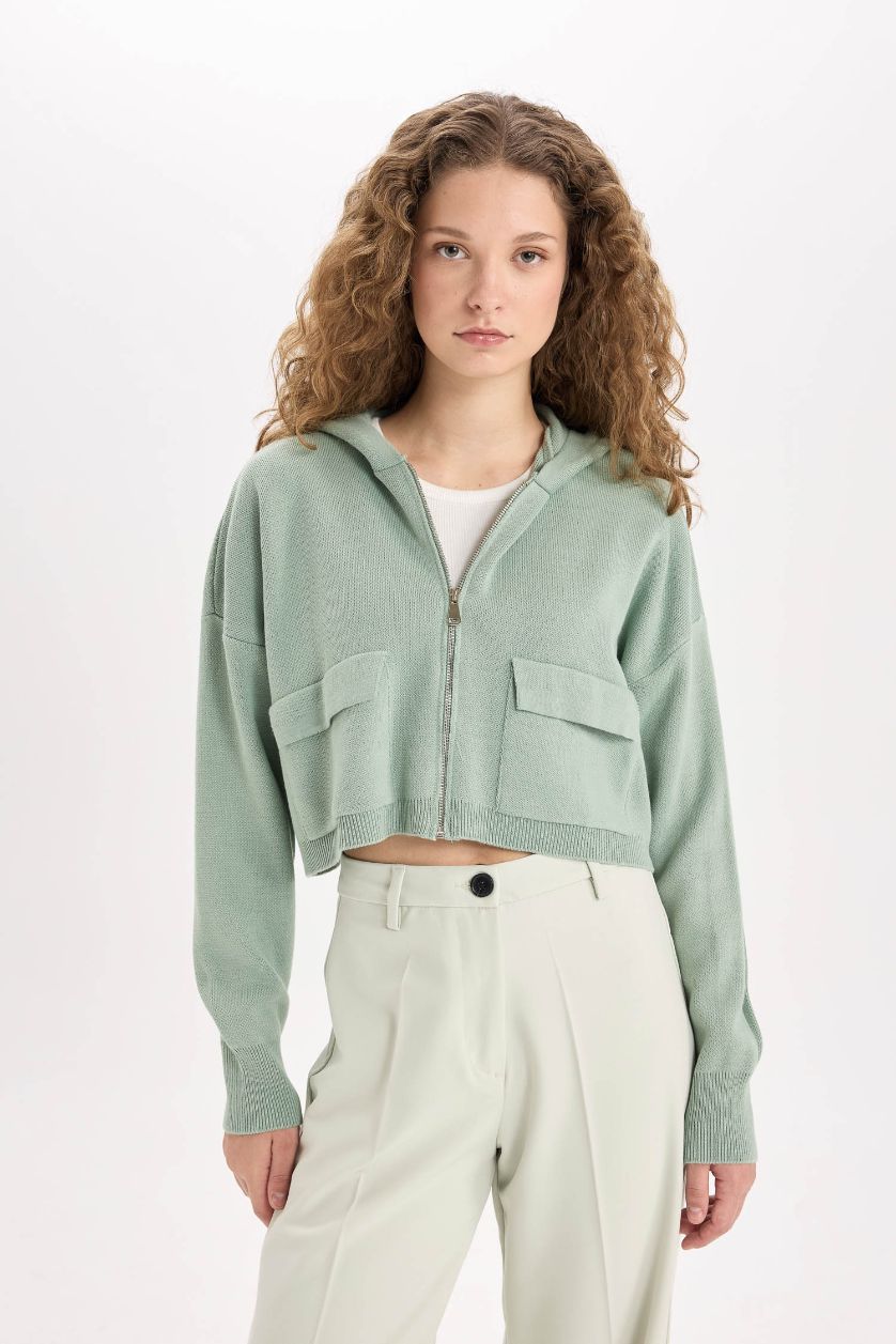 Kadın Yeşil Kapüşonlu Basıc Fermuarlı Triko Hırka