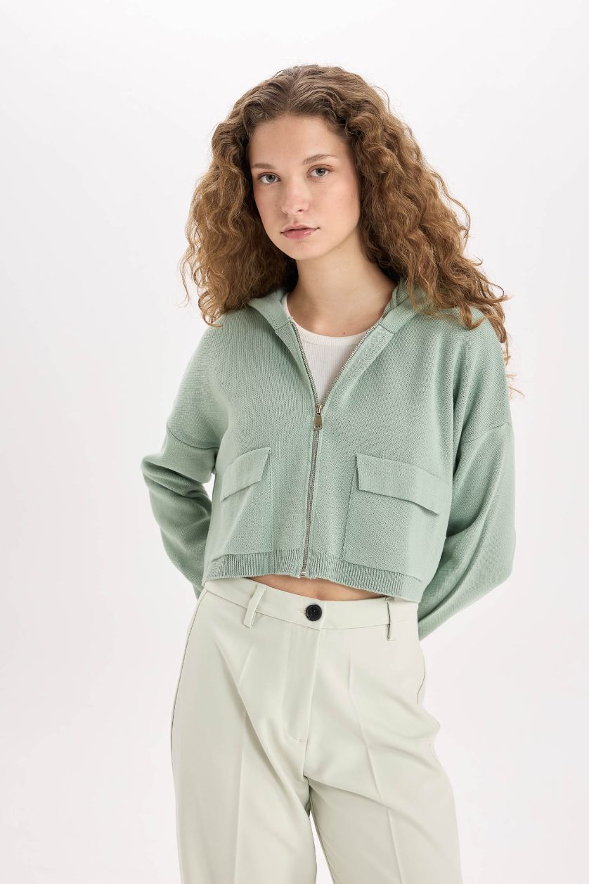 Kadın Yeşil Kapüşonlu Basıc Fermuarlı Triko Hırka