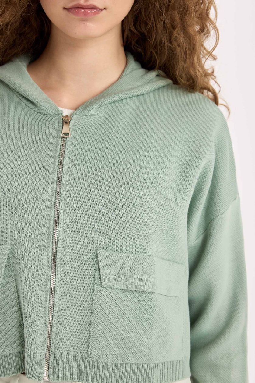 Kadın Yeşil Kapüşonlu Basıc Fermuarlı Triko Hırka
