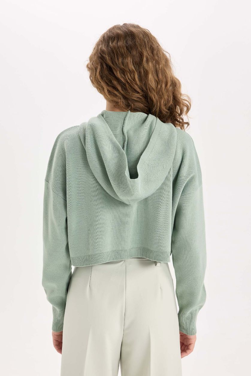 Kadın Yeşil Kapüşonlu Basıc Fermuarlı Triko Hırka