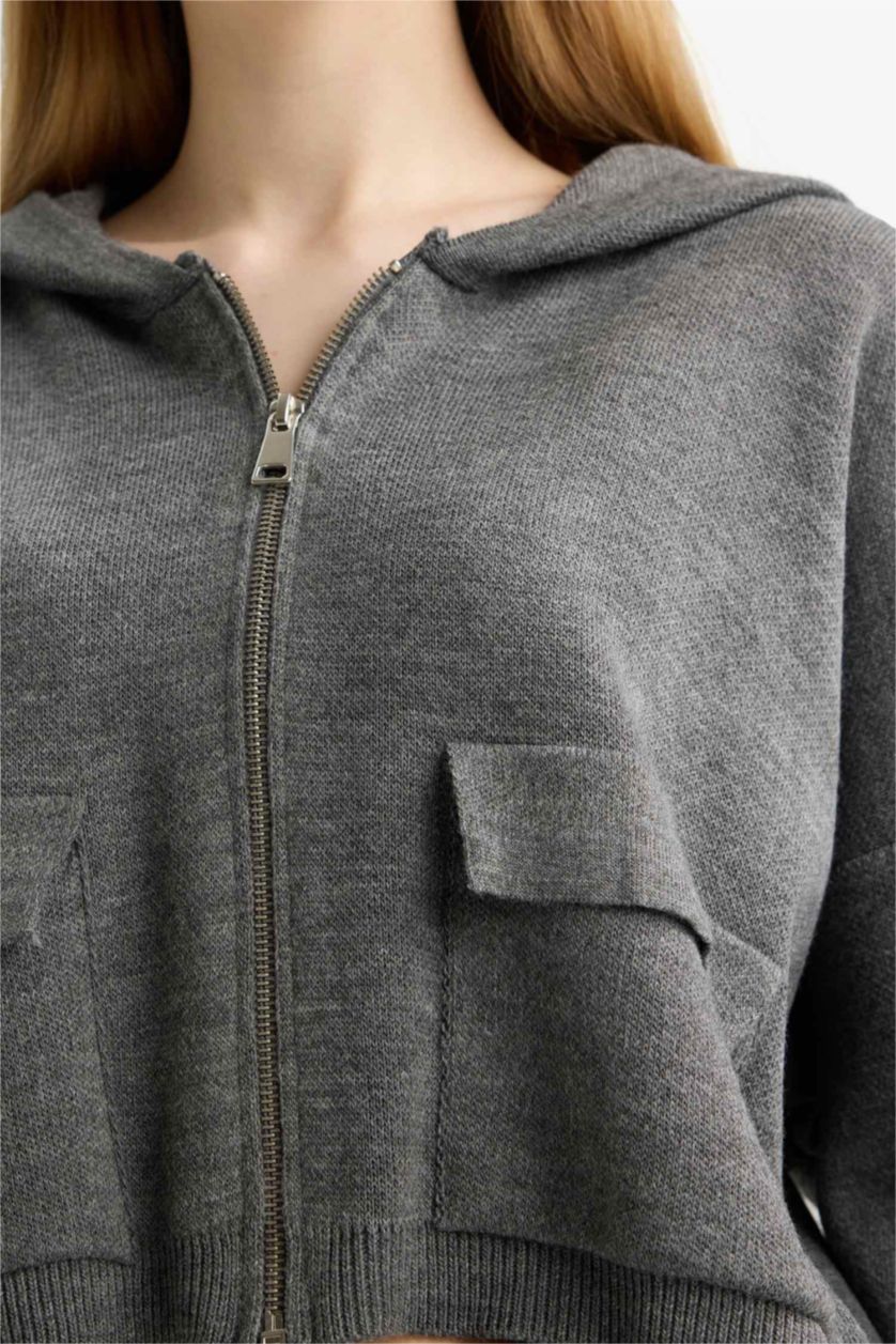 Kadın Gri Kapüşonlu Basıc Fermuarlı Triko Hırka
