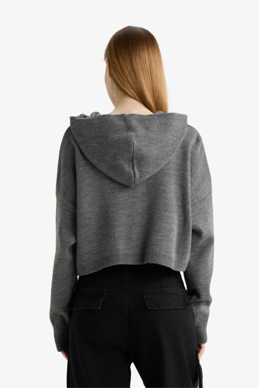 Kadın Gri Kapüşonlu Basıc Fermuarlı Triko Hırka