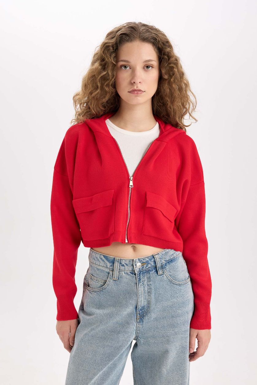Kadın Koyu Kırmzı Regular Fit Kapüşonlu Basic Düz Fermuarlı Triko Hırka
