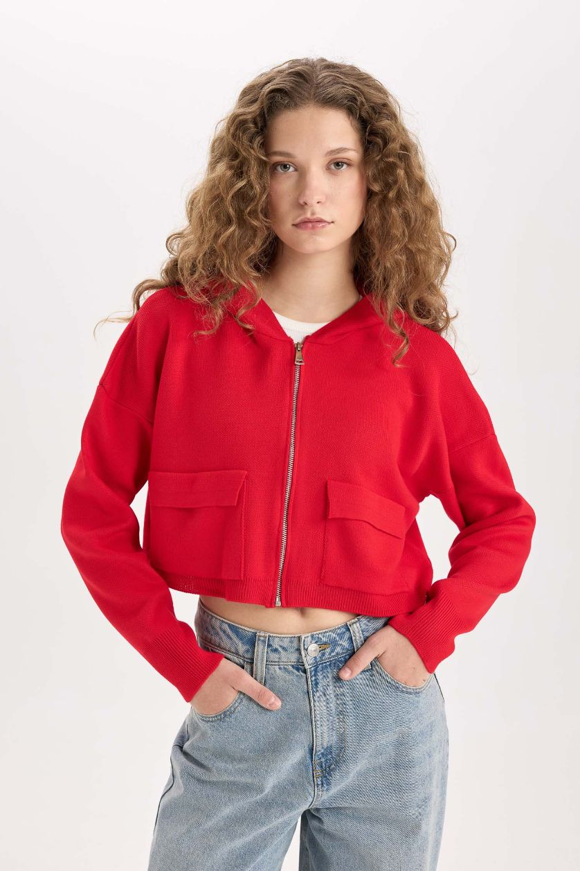 Kadın Koyu Kırmzı Regular Fit Kapüşonlu Basic Düz Fermuarlı Triko Hırka