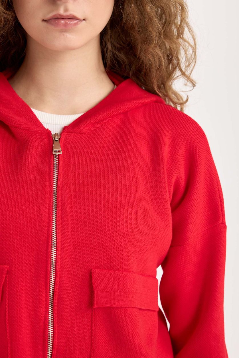 Kadın Koyu Kırmzı Regular Fit Kapüşonlu Basic Düz Fermuarlı Triko Hırka