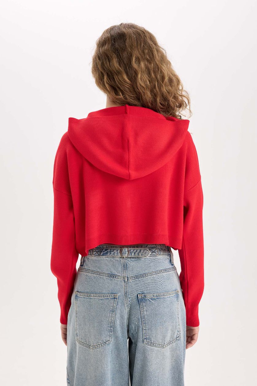 Kadın Koyu Kırmzı Regular Fit Kapüşonlu Basic Düz Fermuarlı Triko Hırka