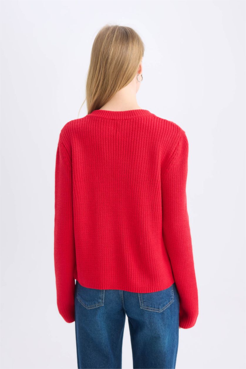 Kadın Kırmızı Regular Fit Bisiklet Yaka Bağlamalı Triko Hırka