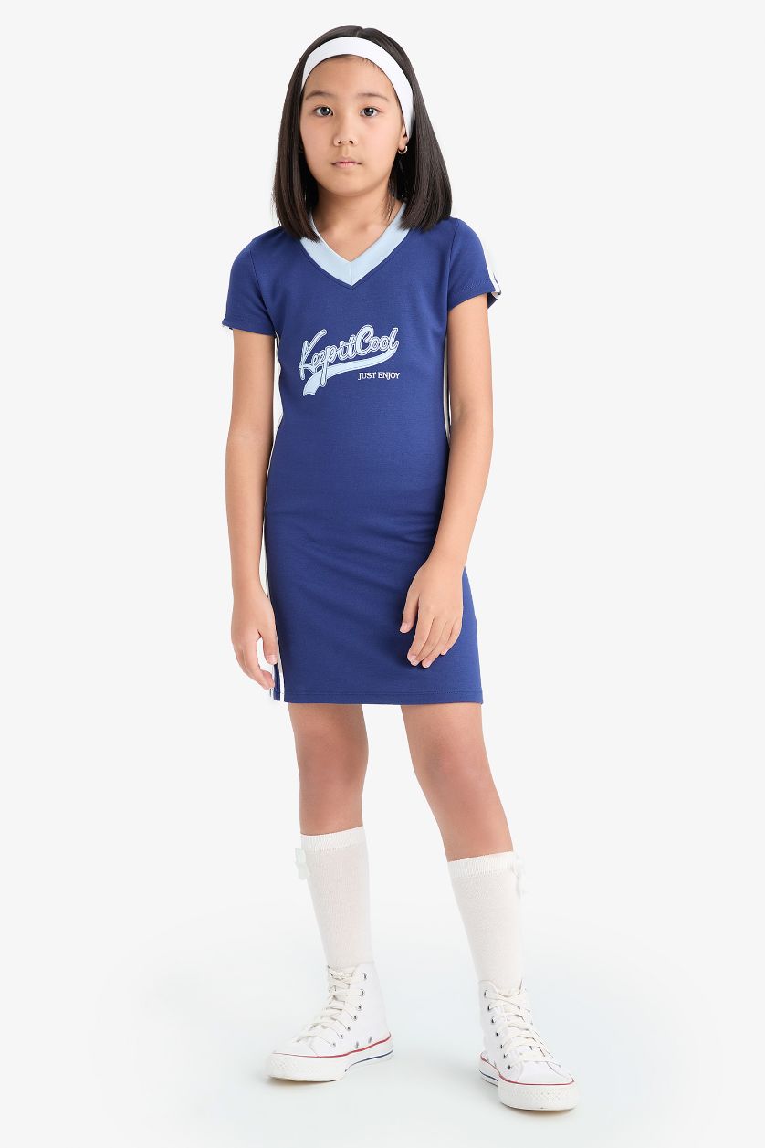 Kız Çocuk - Genç Kız İndigo V Yaka Baskılı Kısa Kollu Yazlık Elbise Kız Çocuk