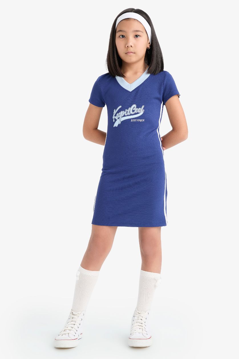 Kız Çocuk - Genç Kız İndigo V Yaka Baskılı Kısa Kollu Yazlık Elbise Kız Çocuk
