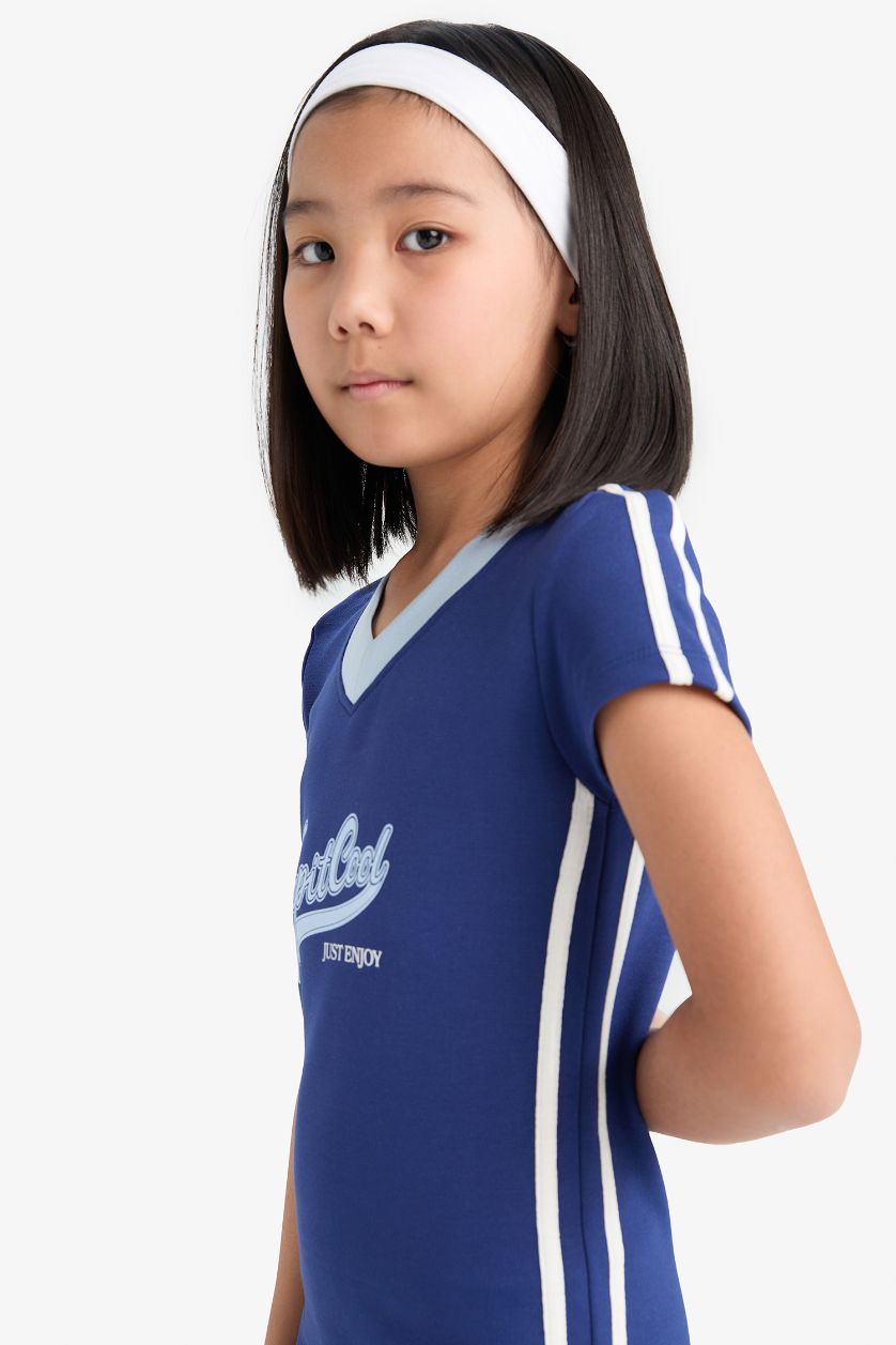 Kız Çocuk - Genç Kız İndigo V Yaka Baskılı Kısa Kollu Yazlık Elbise Kız Çocuk