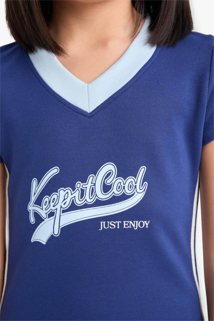 Kız Çocuk - Genç Kız İndigo V Yaka Baskılı Kısa Kollu Yazlık Elbise Kız Çocuk