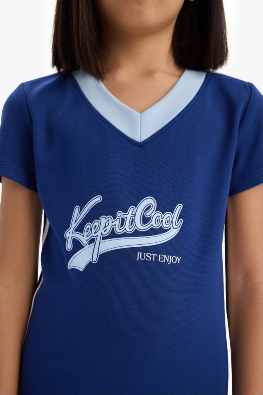 Kız Çocuk - Genç Kız İndigo V Yaka Baskılı Kısa Kollu Yazlık Elbise Kız Çocuk