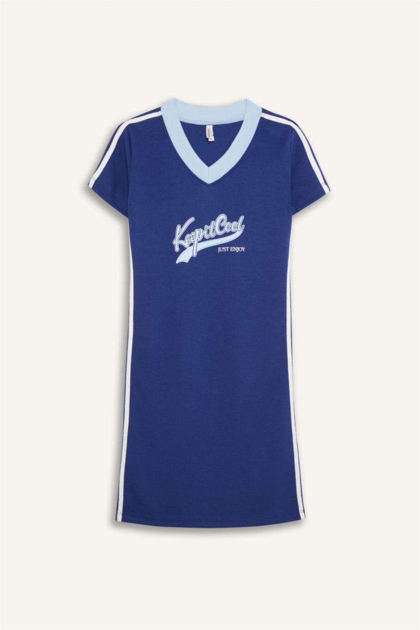 Kız Çocuk - Genç Kız İndigo V Yaka Baskılı Kısa Kollu Yazlık Elbise Kız Çocuk