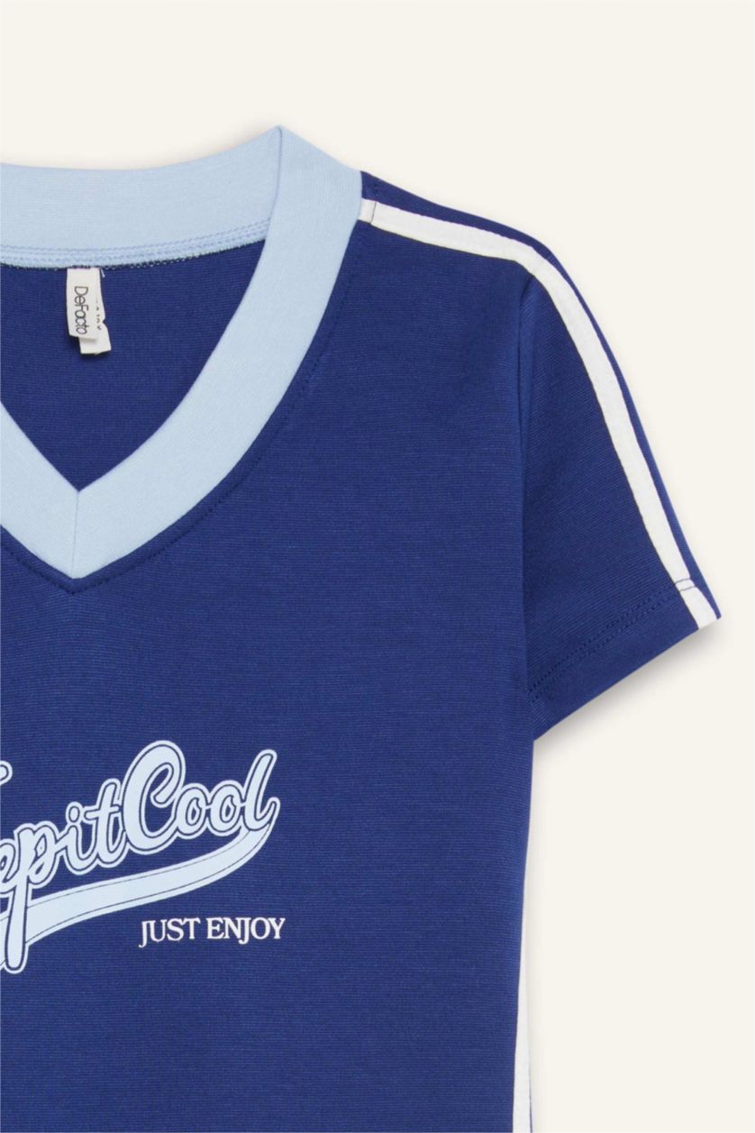 Kız Çocuk - Genç Kız İndigo V Yaka Baskılı Kısa Kollu Yazlık Elbise Kız Çocuk