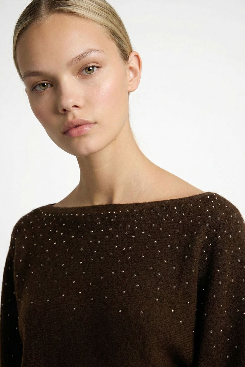 FEMME Marron Pull basique en tricot avec strass à col bateau Coupe régulière