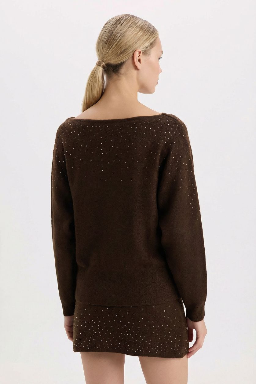 FEMME Marron Pull basique en tricot avec strass à col bateau Coupe régulière